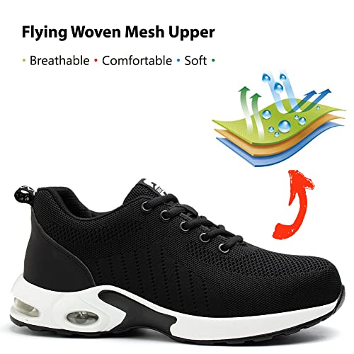 Zapatos de Seguridad Hombre Mujer Zapatillas de Trabajo con Punta de Acero Ligeras Transpirables Calzado de Seguridad con Colchón de Aire Calzado de Industrial y Deportivos Unisexo Negro-Blanco EU 39