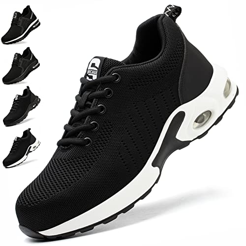 Zapatos de Seguridad Hombre Mujer Zapatillas de Trabajo con Punta de Acero Ligeras Transpirables Calzado de Seguridad con Colchón de Aire Calzado de Industrial y Deportivos Unisexo Negro-Blanco EU 39