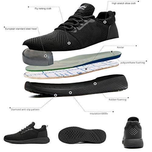 Zapatos de Seguridad para Hombre Trabajo con Punta de Acero, Zapatillas Deportivas al Aire Libre Moda Resistentes Deslizamiento Ligeras y Transpirables Suela Blanda Negro Yvelands(44)