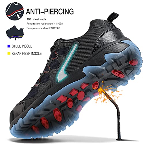 Zapatos de Seguridad,Punta de Acero Zapatos Ligero Zapatos de Trabajo Respirable Construcción Zapatos Reflexivo Botas de Seguridad(D Negro,42 EU)