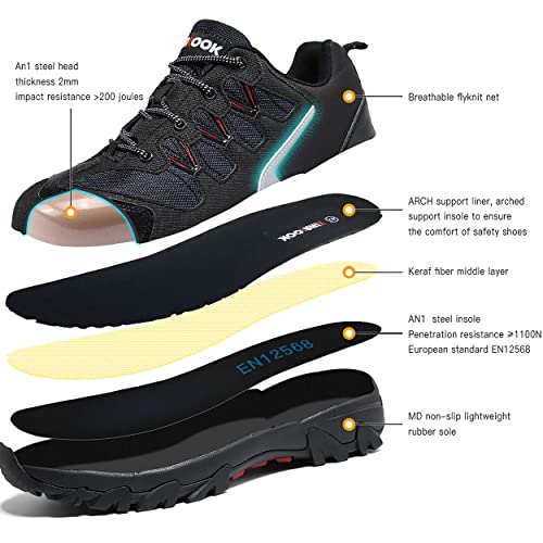Zapatos de Seguridad,Punta de Acero Zapatos Ligero Zapatos de Trabajo Respirable Construcción Zapatos Reflexivo Botas de Seguridad(D Negro,42 EU)