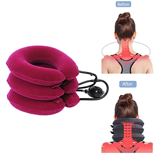 Zeerkeer Cuello Cervical Tracción，Aparato de tracción cervical U Cojín Collar para la tracción cervical inflable，Tamaño Ajustable， Aliviar el Dolor de Cuello y el Hombro (Rojo)