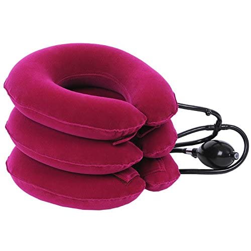 Zeerkeer Cuello Cervical Tracción，Aparato de tracción cervical U Cojín Collar para la tracción cervical inflable，Tamaño Ajustable， Aliviar el Dolor de Cuello y el Hombro (Rojo)