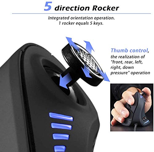 Zelotes Ratón Vertical con Barra de Control, 10000 dpi, 11 Botones Ratón Ergonómico óptico, Ratón Gaming con Cable,Prevención de Codo Enfermedad del ratón Protege Especialmente el Brazo