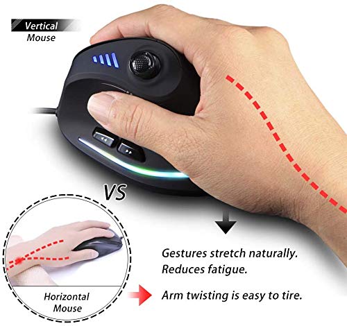 Zelotes Ratón Vertical con Barra de Control, 10000 dpi, 11 Botones Ratón Ergonómico óptico, Ratón Gaming con Cable,Prevención de Codo Enfermedad del ratón Protege Especialmente el Brazo