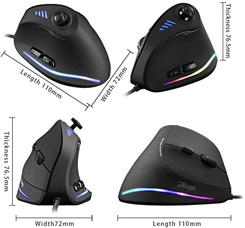 Zelotes Ratón Vertical con Barra de Control, 10000 dpi, 11 Botones Ratón Ergonómico óptico, Ratón Gaming con Cable,Prevención de Codo Enfermedad del ratón Protege Especialmente el Brazo