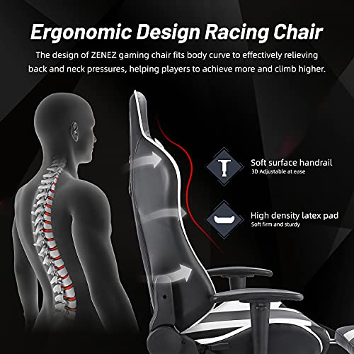 ZENEZ Silla Gaming, Silla Gamer Ergonómica con Reposapiés, Soporte Lumbar de Masaje y Almohada para el Cuello, Silla Escritorio Ajustable de 180 ° Cuero de PU para PC Gamer… (Blanco)