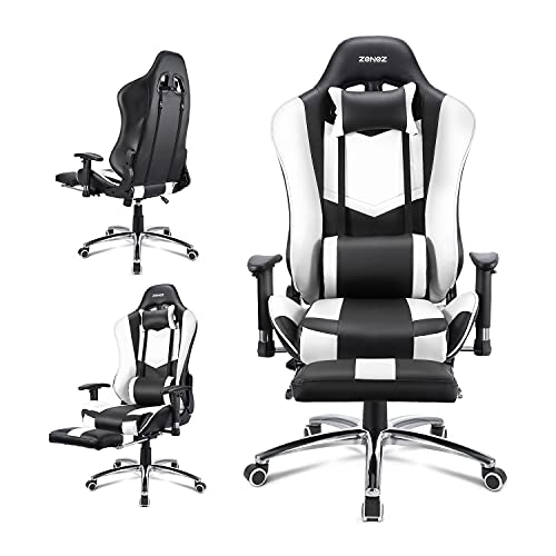 ZENEZ Silla Gaming, Silla Gamer Ergonómica con Reposapiés, Soporte Lumbar de Masaje y Almohada para el Cuello, Silla Escritorio Ajustable de 180 ° Cuero de PU para PC Gamer… (Blanco)