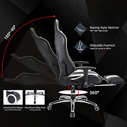 ZENEZ Silla Gaming, Silla Gamer Ergonómica con Reposapiés, Soporte Lumbar de Masaje y Almohada para el Cuello, Silla Escritorio Ajustable de 180 ° Cuero de PU para PC Gamer… (Blanco)