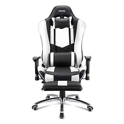 ZENEZ Silla Gaming, Silla Gamer Ergonómica con Reposapiés, Soporte Lumbar de Masaje y Almohada para el Cuello, Silla Escritorio Ajustable de 180 ° Cuero de PU para PC Gamer… (Blanco)
