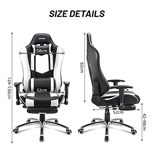 ZENEZ Silla Gaming, Silla Gamer Ergonómica con Reposapiés, Soporte Lumbar de Masaje y Almohada para el Cuello, Silla Escritorio Ajustable de 180 ° Cuero de PU para PC Gamer… (Blanco)