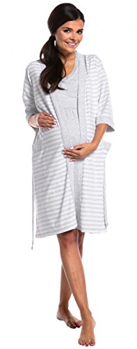 Zeta Ville - Premamá camisón Set Bata Embarazo Lactancia de Rayas - Mujer - 190c (Mezcla De Grises, 42-44, XL)