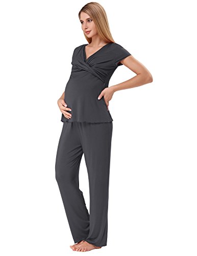 Zexxxy Mujer Pijamas de Enfermeria para la Lactancia Materna Ropa de Dormir de Algodon para Hospital (Gris Oscuro, X-Large)