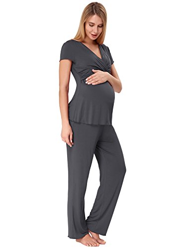 Zexxxy Mujer Pijamas de Enfermeria para la Lactancia Materna Ropa de Dormir de Algodon para Hospital (Gris Oscuro, X-Large)