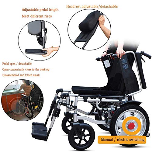 ZHONGXIN Silla De Ruedas Eléctrica, plegable con motor para discapacitados Respaldo Ajustable con Reposacabezas, minusválidos Asiento 45cm