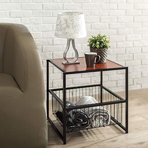 Zinus, Mesa auxiliar Dane de 51 cm con estructura negra y cesta de almacenaje, Montaje sencillo, madera veteada en rojo caoba