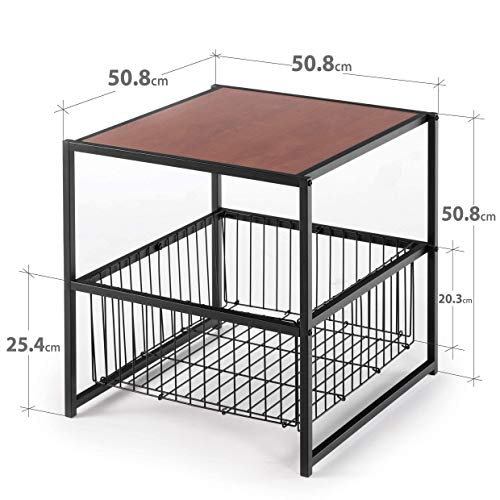 Zinus, Mesa auxiliar Dane de 51 cm con estructura negra y cesta de almacenaje, Montaje sencillo, madera veteada en rojo caoba