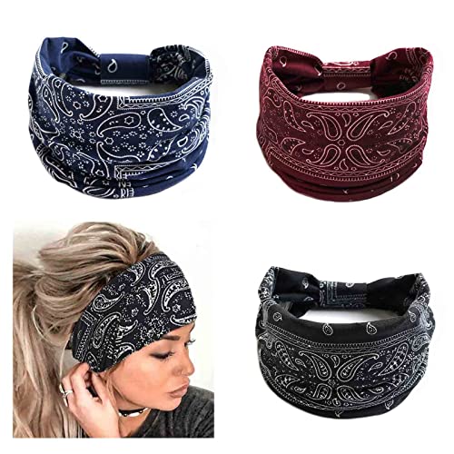 Zoestar Pañuelos anchos boho para la cabeza, con estampado elegante, para yoga, correr, turbante elástico para el pelo para mujeres (paquete de 3) (A)