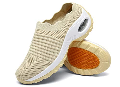 Zuecos de Cuña Mujer Transpirable Sandalias Plataforma Cómodo Ligero Casual Zapatillas para Caminar al Aire Libre,Beige,EU 40