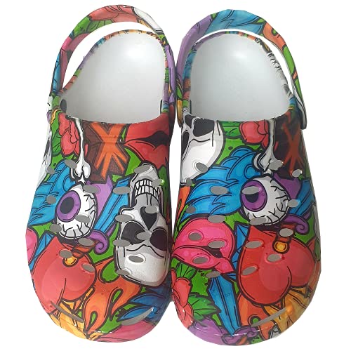 Zuecos Sanitarios Mujer de Trabajo Cómodos de Goma EVA Laboral Enfermera y Hostelería con Diseño Dibujos Hidroimpresión Calaveras de Colores. Talla 38. Talonera en el Mismo diseño