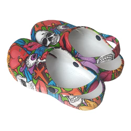 Zuecos Sanitarios Mujer de Trabajo Cómodos de Goma EVA Laboral Enfermera y Hostelería con Diseño Dibujos Hidroimpresión Calaveras de Colores. Talla 38. Talonera en el Mismo diseño