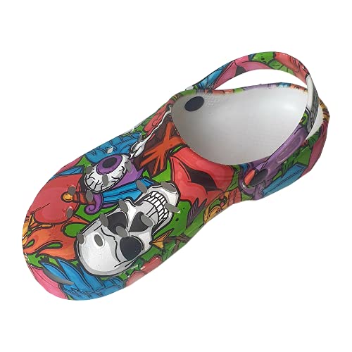 Zuecos Sanitarios Mujer de Trabajo Cómodos de Goma EVA Laboral Enfermera y Hostelería con Diseño Dibujos Hidroimpresión Calaveras de Colores. Talla 38. Talonera en el Mismo diseño