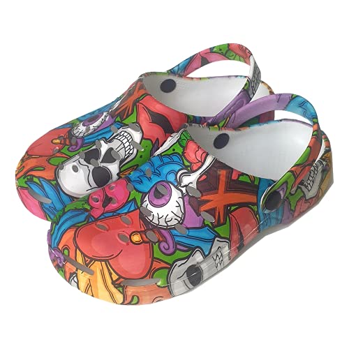 Zuecos Sanitarios Mujer de Trabajo Cómodos de Goma EVA Laboral Enfermera y Hostelería con Diseño Dibujos Hidroimpresión Calaveras de Colores. Talla 38. Talonera en el Mismo diseño