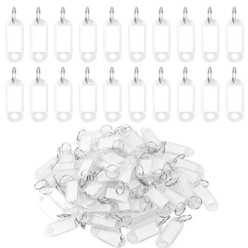 100pcs etiquetas llaves Llaveros con Etiqueta llave, Llavero identificador etiquetas con anillo, Llavero Identificador de Plástico Llaveros para Hotel, equipaje, Oficina (Transparente, 6.2 * 2cm)