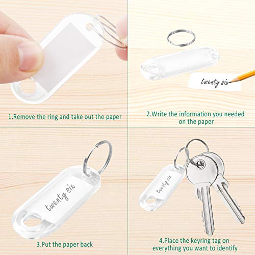 100pcs etiquetas llaves Llaveros con Etiqueta llave, Llavero identificador etiquetas con anillo, Llavero Identificador de Plástico Llaveros para Hotel, equipaje, Oficina (Transparente, 6.2 * 2cm)