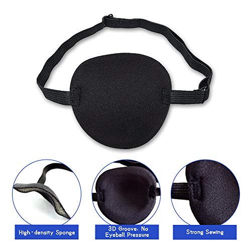 2 Piezas de Parche para el Ojo, Máscara de un Solo Ojo, Parches para Ojos Ajustables para Adultos / Niños con Cinturón Elástico, Parche para el Ojo de Pirata para Fiesta de Cosplay (Negro)