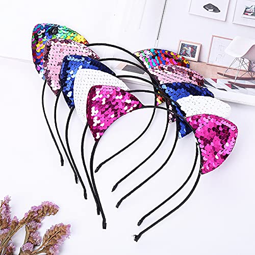 6 diademas de orejas de gato, diademas de lentejuelas, reversibles, con lentejuelas, brillantes, accesorios para el cabello, para mujeres y niñas, decoración de fiestas (color al azar)