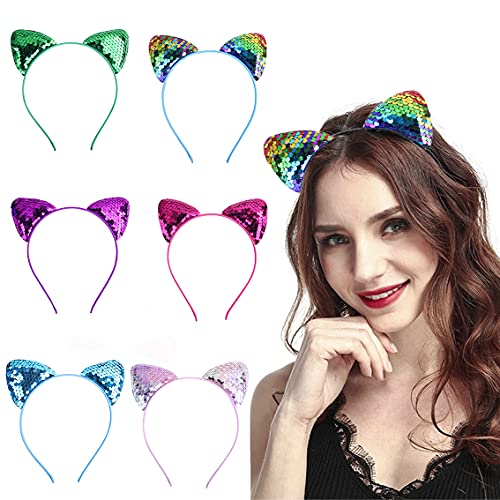 6 diademas de orejas de gato, diademas de lentejuelas, reversibles, con lentejuelas, brillantes, accesorios para el cabello, para mujeres y niñas, decoración de fiestas (color al azar)