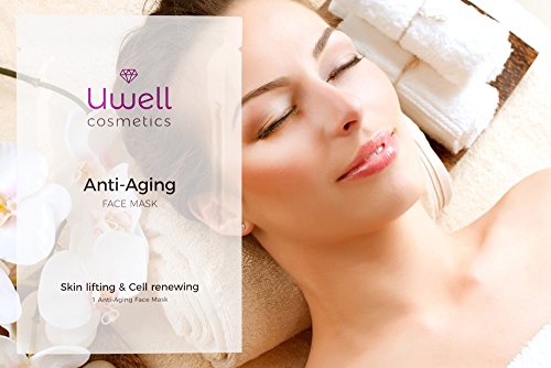 8 pz. Uwell Anti-Aging Face Mask anti-edad | Máscara de tela premium | Máscara de vellón hidrogel Aloe Vera | Rejuvenecedor de la piel |Reducción de arrugas | Vegano |aplicación simple| Pack de 8 pz.