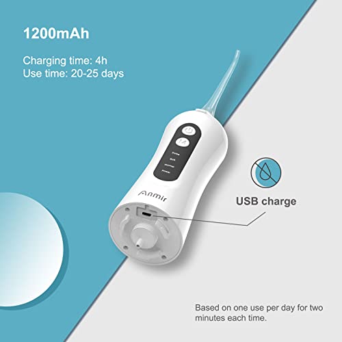 Anmir Irrigador Bucal Professional Irrigador Dental con 5 Boquillas 4 Modos Ajustables IPX7 Impermeable Limpieza Dientes USB Recargable Limpieza Dental Irrigadores Bucales Electrico Portátil de Viaje