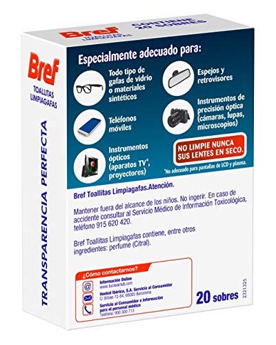 Bref Toallitas Limpiadoras para Gafas, Smartphones, Cámaras, Espejos y otros Dispositivos y Superficies - 20 Unidades