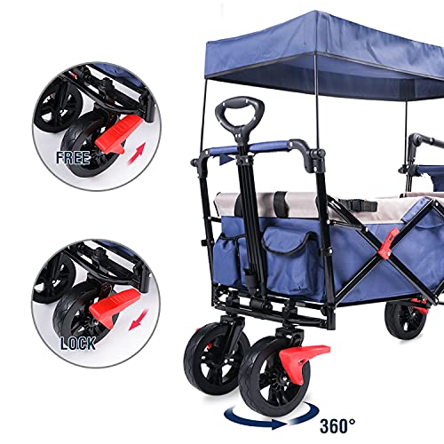 Carro plegable con techo, carro plegable para exteriores, carro de transporte con barra telescópica, carro de playa, con frenos, ruedas grandes adecuadas para todo tipo de terrenos, color azul