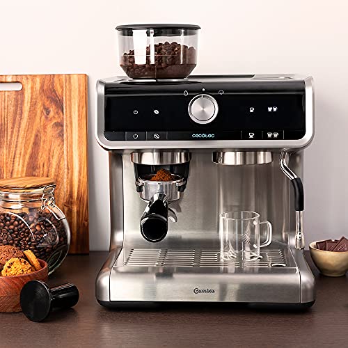 Cecotec Cafetera Express con Brazo con Doble Salida Power Espresso 20 Barista Cream. 1550 W, 20 Bares, Depósito de Café en Grano 250g, Molinillo con 30 Niveles, Thermoblock, Depósito de Agua 2,5 L