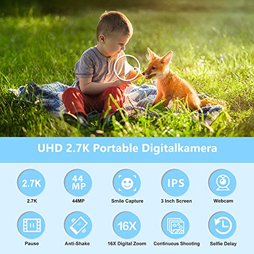 Compactas Cámaras Digitales, 2.7K UHD Camara Compacta, Vlogging 44MP Camara de Video, Camara de Fotos con Pantalla de 2,8" y Zoom 16x y 2 baterías, Camara Digital para niños/Adultos/Mayores