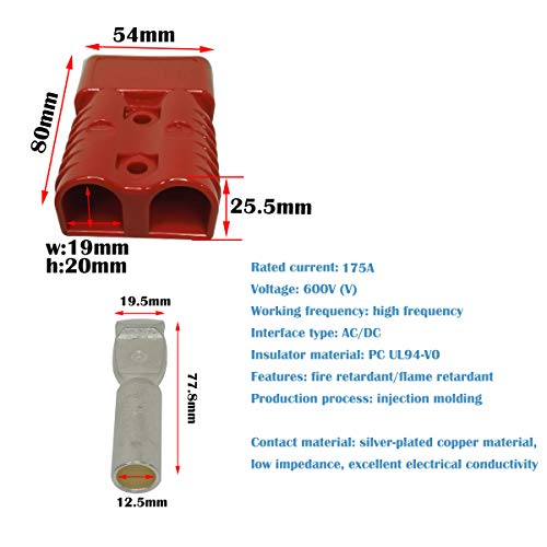 Conector de batería Set, Rojo 2 Pcs Enchufe rápido del conector de la batería para los modos de motocicleta Van del automóvil 600V 175Amp Con (4 Pcs metal terminal 1AWG)
