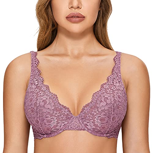 DOBREVA Sujetador Básico Flores Bralette de Encaje con Aros sin Relleno Rosa orquídea 90D