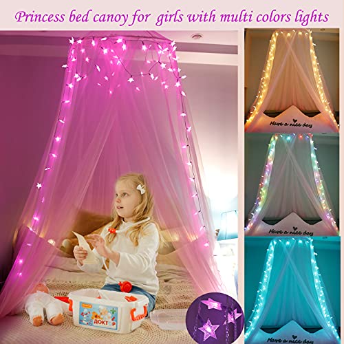 Dosel de cama con luces LED en forma de estrella, mosquitera, 100 luces que cambian de color, para niñas y mujeres, color rosa cortina colgante para cama individual o king size, hamacas y cunas