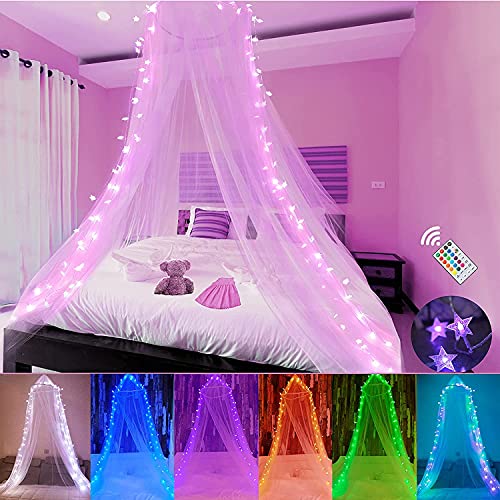 Dosel de cama con luces LED en forma de estrella, mosquitera, 100 luces que cambian de color, para niñas y mujeres, color rosa cortina colgante para cama individual o king size, hamacas y cunas