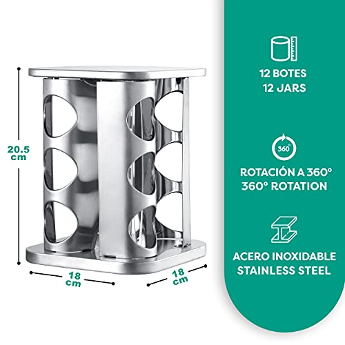 Especiero Giratorio 360° con 12 Tarros para Especias - Botes Herméticos - Con Etiquetas y Rotulador Borrable