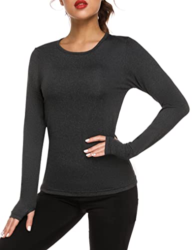 Fipput Camiseta Manga Larga Mujer Deporte Secado Rápido Camiseta Espalda Descubierta Mujer Manga Larga Camiseta Deporte Mujer con Agujeros para los Pulgares,Negro,XL