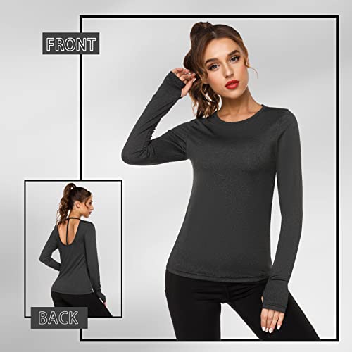 Fipput Camiseta Manga Larga Mujer Deporte Secado Rápido Camiseta Espalda Descubierta Mujer Manga Larga Camiseta Deporte Mujer con Agujeros para los Pulgares,Negro,XL