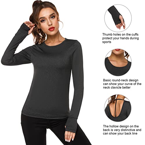 Fipput Camiseta Manga Larga Mujer Deporte Secado Rápido Camiseta Espalda Descubierta Mujer Manga Larga Camiseta Deporte Mujer con Agujeros para los Pulgares,Negro,XL