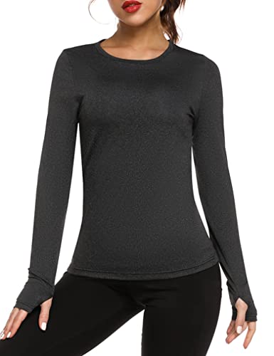 Fipput Camiseta Manga Larga Mujer Deporte Secado Rápido Camiseta Espalda Descubierta Mujer Manga Larga Camiseta Deporte Mujer con Agujeros para los Pulgares,Negro,XL