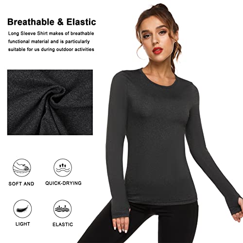 Fipput Camiseta Manga Larga Mujer Deporte Secado Rápido Camiseta Espalda Descubierta Mujer Manga Larga Camiseta Deporte Mujer con Agujeros para los Pulgares,Negro,XL