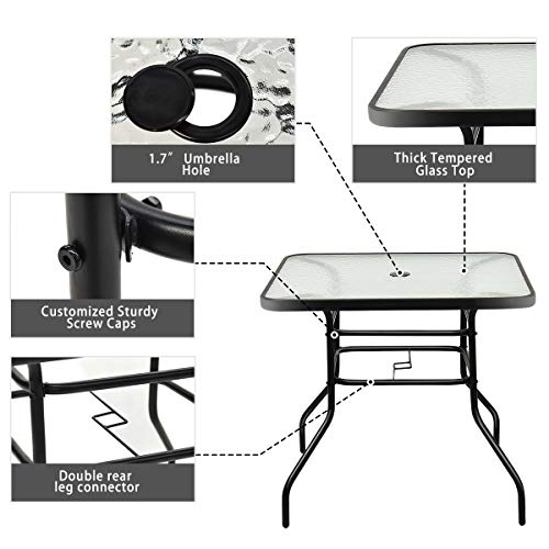 GIANTEX Mesa de Cristal de Exterior, Mesa de Exterior con Agujeros para Sombrillas, Pueden Utilizar para Terraza, Jardín, Balcón, Sala de Estar (80 x 80 x 71 cm)