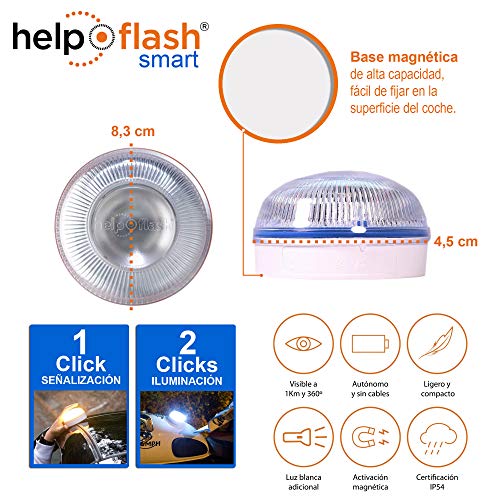 HELP FLASH SMART PK2750 2X luz Emergencia AUTÓNOMA, señal v16 preseñalización Peligro+Linterna, homologada, DGT, Base imantada, activación AUTOMÁTICA, Hecho en España, Amarillo auto